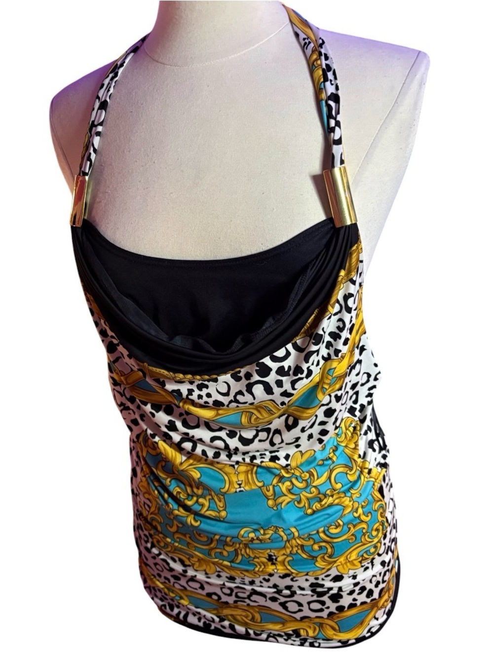 Authentic Y2K gold and Turquoise animal Printed layered Halter neck scoop neck